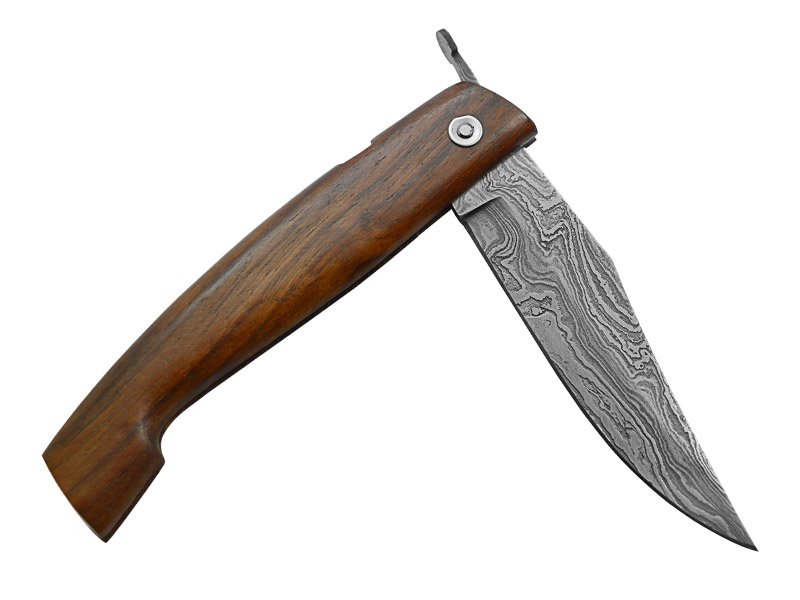 Canivete Friction Folder para colecionador forjado em aço damasco. Empunhadura em madeira teca, 19mm