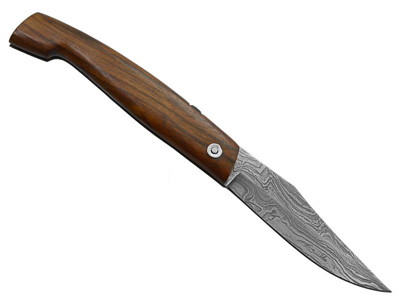 Canivete Friction Folder para colecionador forjado em aço damasco. Empunhadura em madeira teca, 19mm