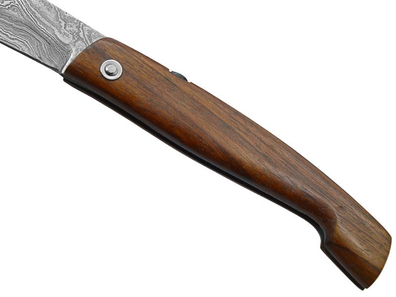 Canivete Friction Folder para colecionador forjado em aço damasco. Empunhadura em madeira teca, 19mm