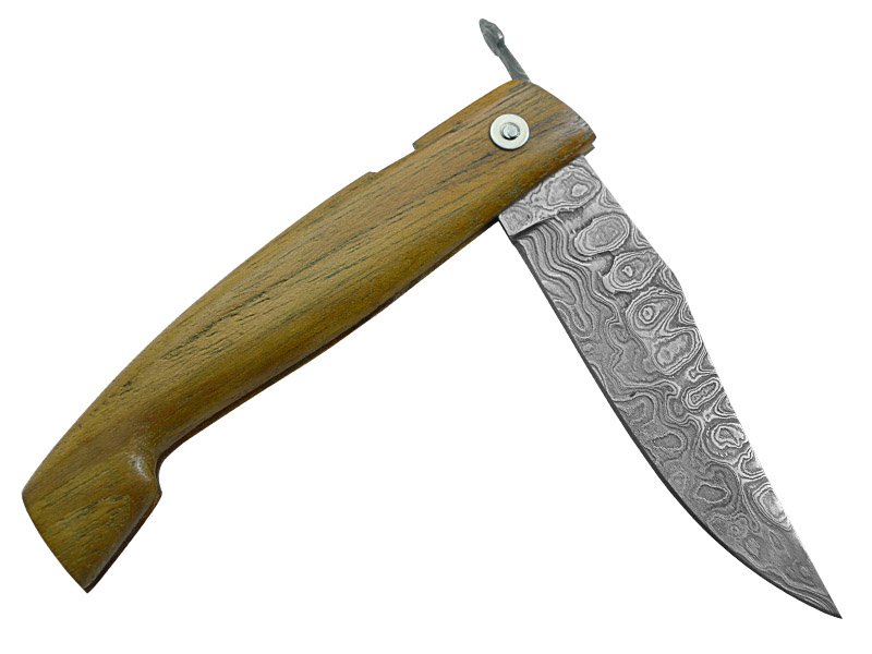 Canivete Friction Folder para colecionador forjado em aço damasco. Empunhadura em madeira teca, 20 cm