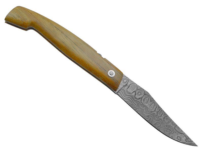Canivete Friction Folder para colecionador forjado em aço damasco. Empunhadura em madeira teca, 20 cm