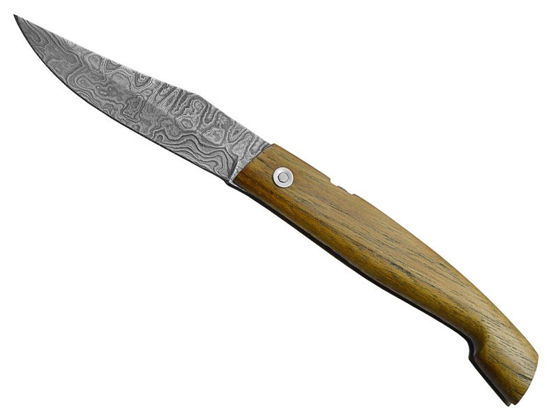 Canivete Friction Folder para colecionador forjado em aço damasco. Empunhadura em madeira teca, 20 cm