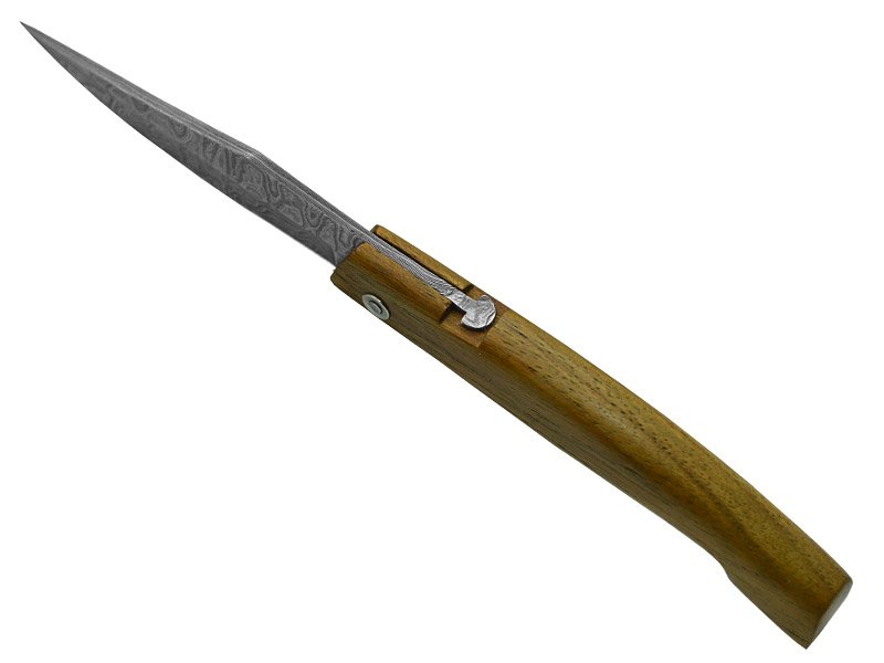 Canivete Friction Folder para colecionador forjado em aço damasco. Empunhadura em madeira teca, 20 cm