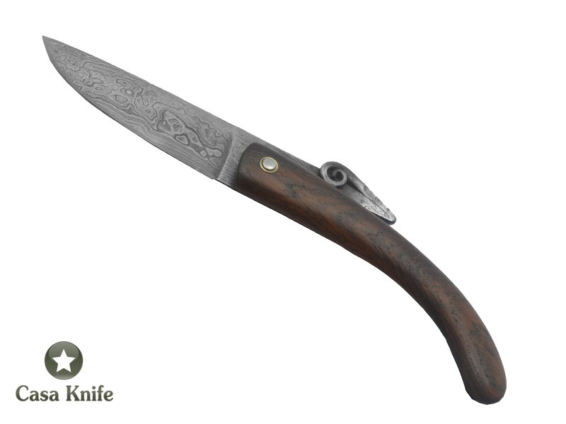 Canivete Friction Folder para colecionador forjado em aço damasco. Empunhadura em Madeira Teca, 19 cm