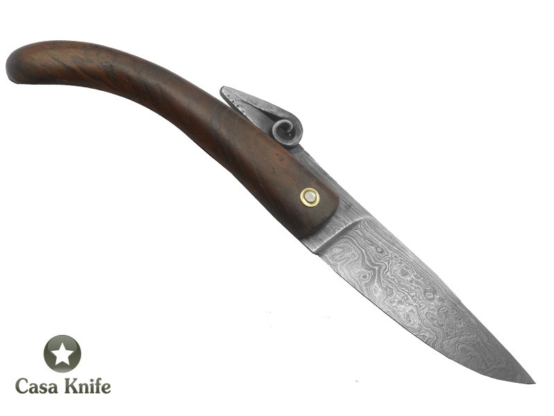 Canivete Friction Folder para colecionador forjado em aço damasco. Empunhadura em Madeira Teca, 19 cm