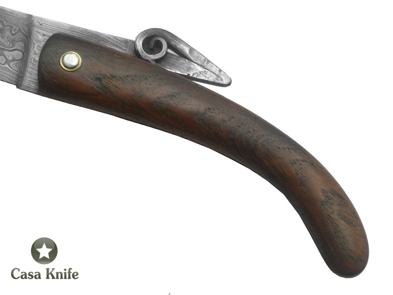 Canivete Friction Folder para colecionador forjado em aço damasco. Empunhadura em Madeira Teca, 19 cm