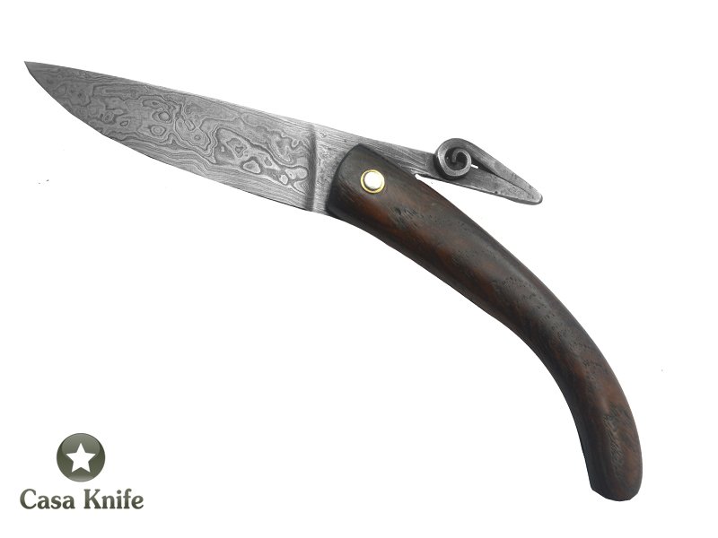 Canivete Friction Folder para colecionador forjado em aço damasco. Empunhadura em Madeira Teca, 19 cm