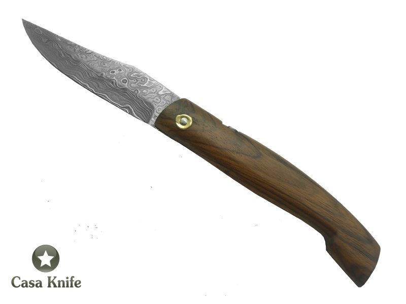 Canivete Friction Folder para colecionador forjado em aço damasco. Empunhadura em Madeira Teca, 20 cm