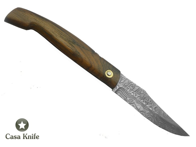 Canivete Friction Folder para colecionador forjado em aço damasco. Empunhadura em Madeira Teca, 20 cm