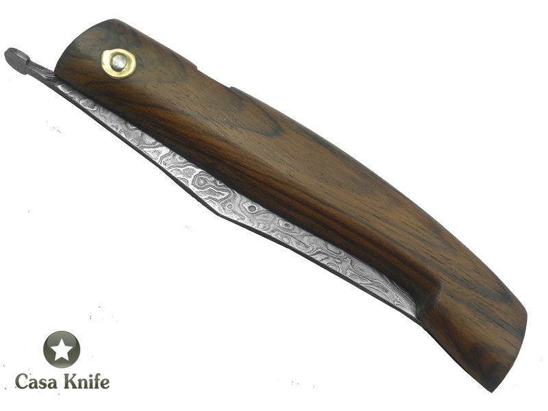 Canivete Friction Folder para colecionador forjado em aço damasco. Empunhadura em Madeira Teca, 20 cm
