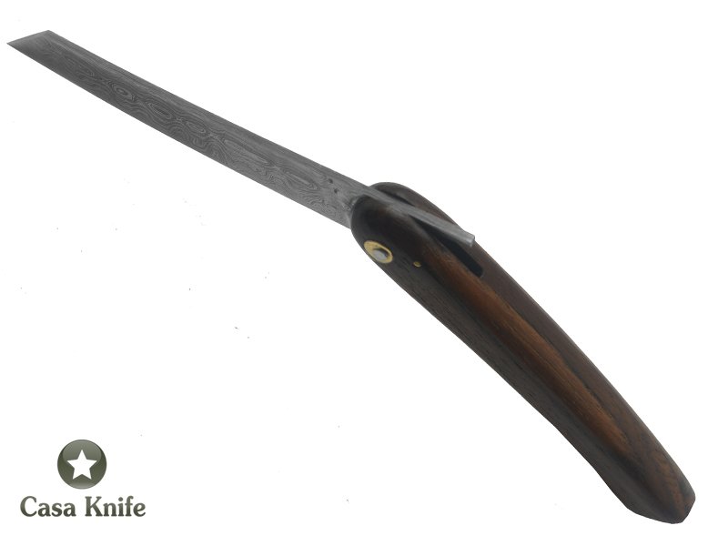 Canivete Friction Folder para colecionador forjado em aço damasco. Empunhadura em Madeira Teca, 21 cm