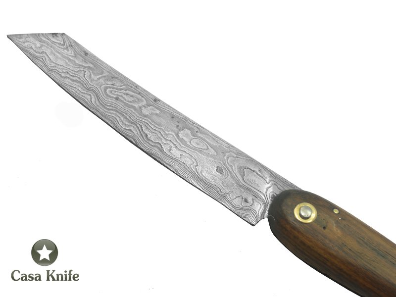 Canivete Friction Folder para colecionador forjado em aço damasco. Empunhadura em Madeira Teca, 21 cm