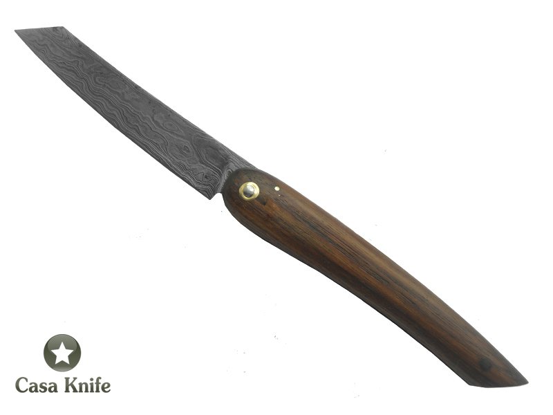 Canivete Friction Folder para colecionador forjado em aço damasco. Empunhadura em Madeira Teca, 21 cm