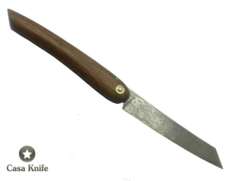 Canivete Friction Folder para colecionador forjado em aço damasco. Empunhadura em Madeira Teca, 21 cm
