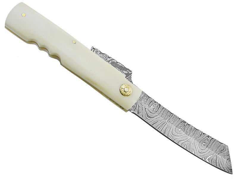 Canivete japones higonokami para colecionador em aço damasco. Empunhadura em chifre de boi, 20 cm