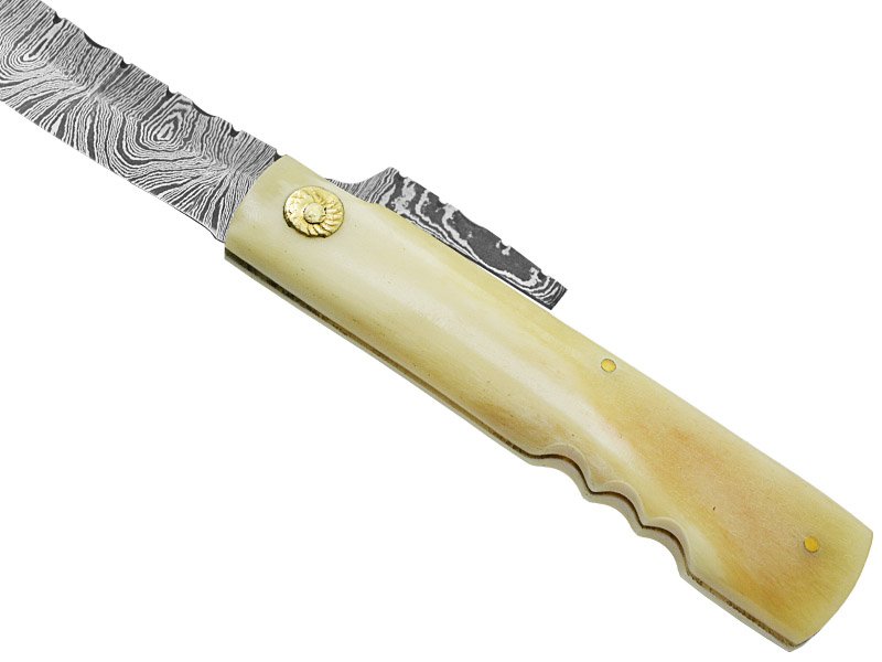 Canivete japones higonokami para colecionador em aço damasco. Empunhadura em chifre de boi, 20 cm