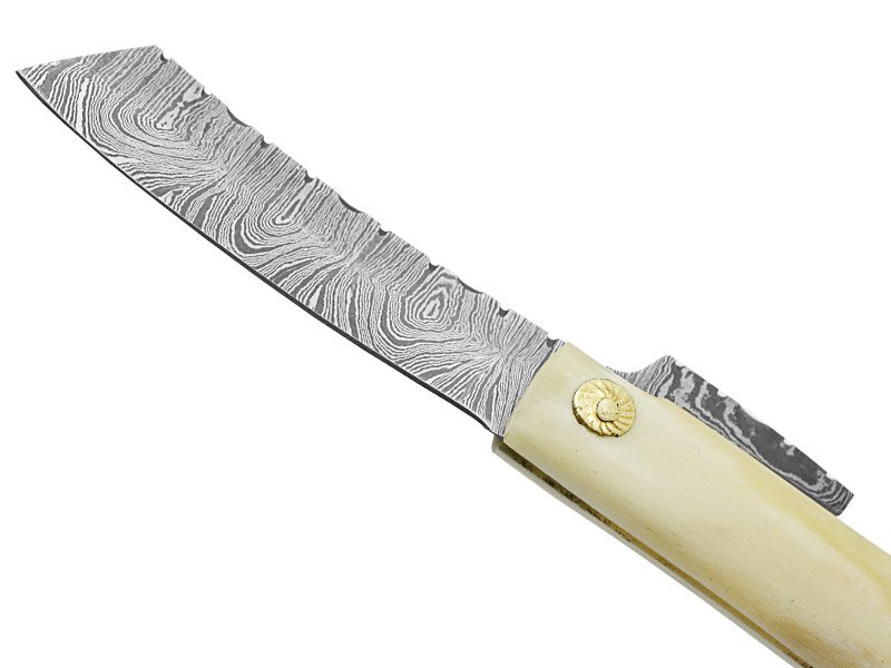 Canivete japones higonokami para colecionador em aço damasco. Empunhadura em chifre de boi, 20 cm