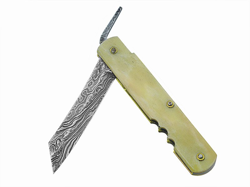 Canivete japones higonokami para colecionador em aço damasco. Empunhadura em chifre de boi, 20 cm