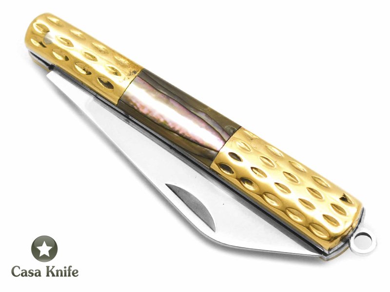 Canivete para colecionador em aço 440C com empunhadura em bronze e abalone 11 cm