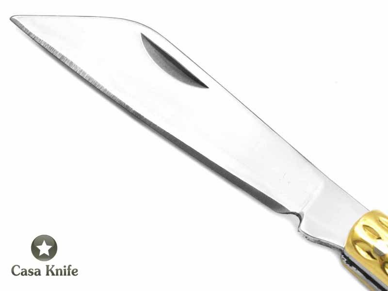 Canivete para colecionador em aço 440C com empunhadura em bronze e abalone 11 cm
