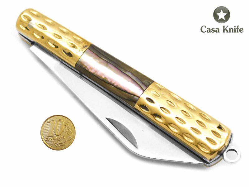 Canivete para colecionador em aço 440C com empunhadura em bronze e abalone 11 cm