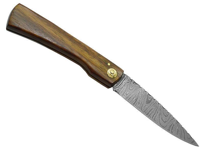 Canivete Friction Folder para colecionador forjado em aço damasco. Empunhadura em madeira teca, 21 cm