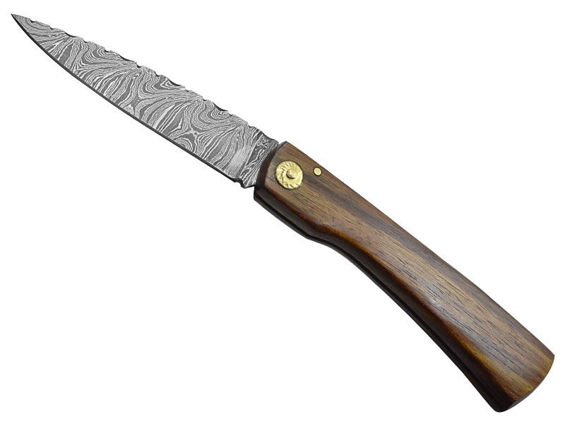 Canivete Friction Folder para colecionador forjado em aço damasco. Empunhadura em madeira teca, 21 cm