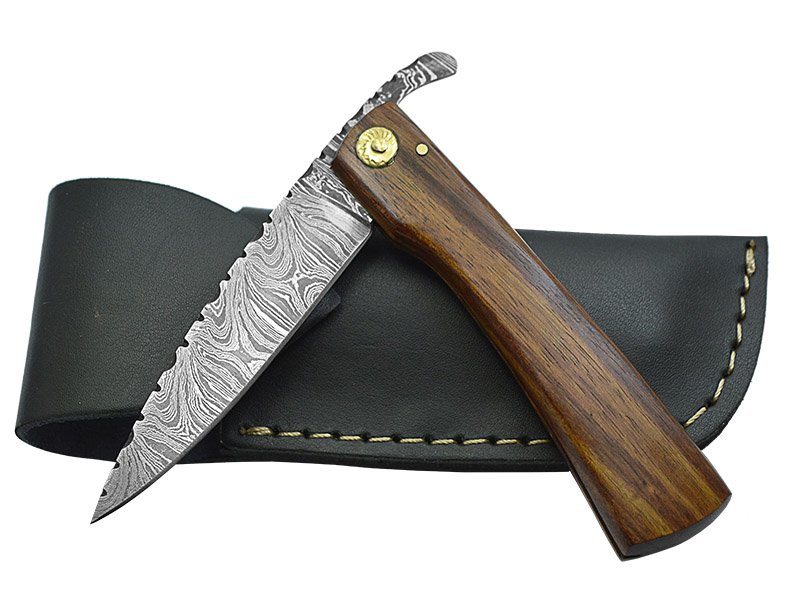 Canivete Friction Folder para colecionador forjado em aço damasco. Empunhadura em madeira teca, 21 cm