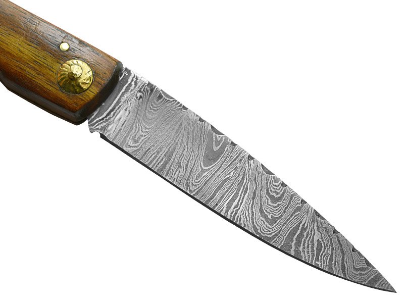 Canivete Friction Folder para colecionador forjado em aço damasco. Empunhadura em madeira teca, 21 cm