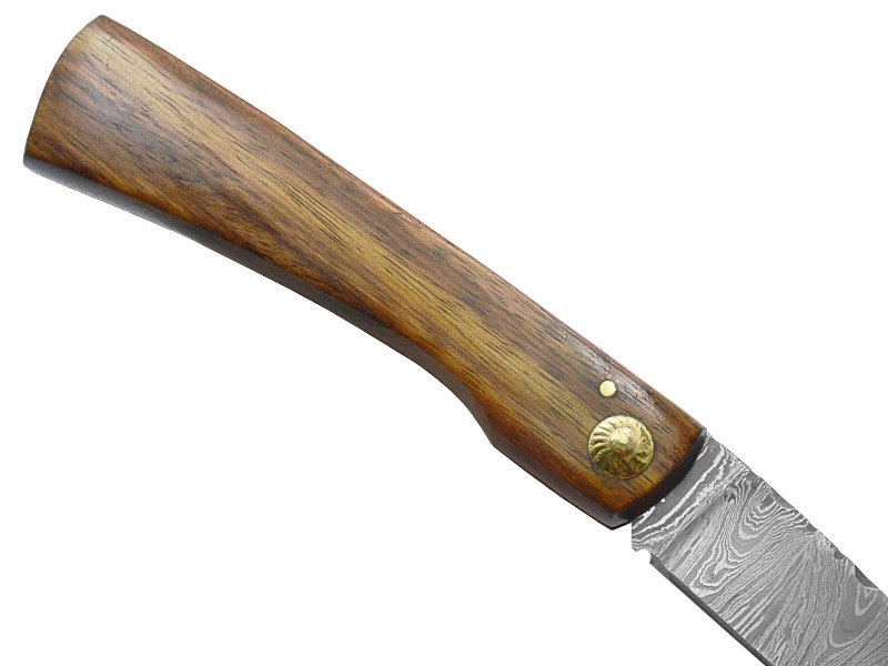 Canivete Friction Folder para colecionador forjado em aço damasco. Empunhadura em madeira teca, 21 cm