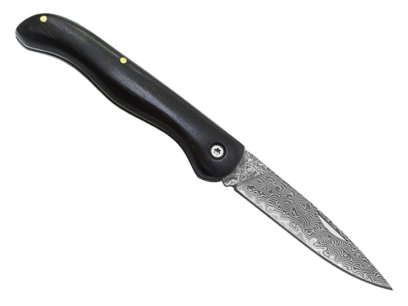 Canivete para colecionador em aço damasco. Empunhadura em ébano africano, 18 cm