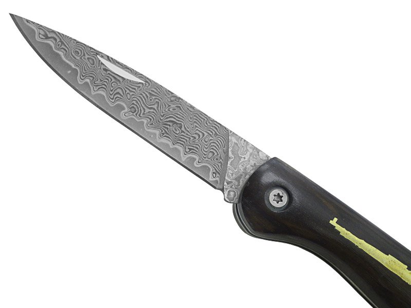 Canivete para colecionador em aço damasco. Empunhadura em ébano africano, 18 cm