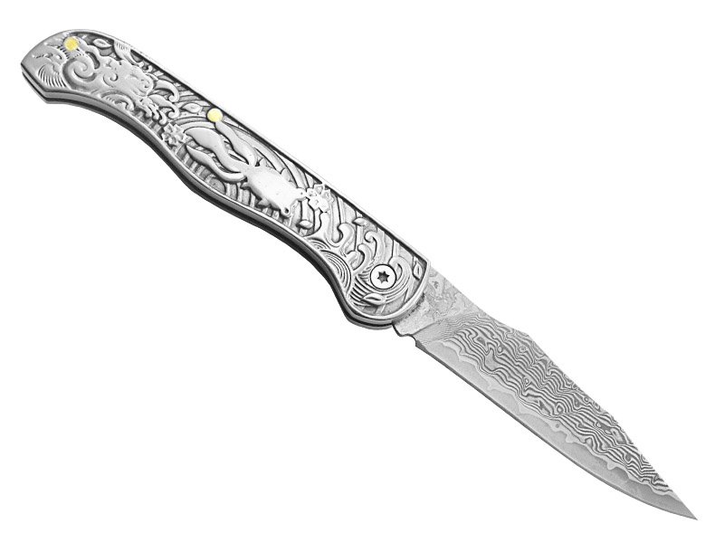 Canivete para colecionador em aço damasco. Empunhadura em aço inox, 18 cm