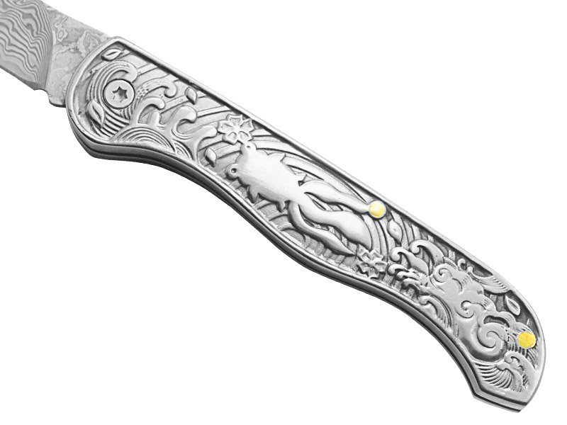 Canivete para colecionador em aço damasco. Empunhadura em aço inox, 18 cm