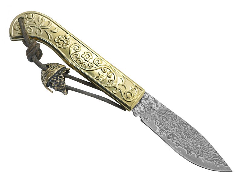Canivete para colecionador em aço damasco. Empunhadura em bronze, 18 cm