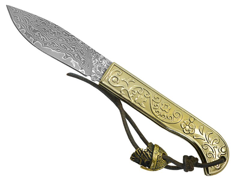 Canivete para colecionador em aço damasco. Empunhadura em bronze, 18 cm