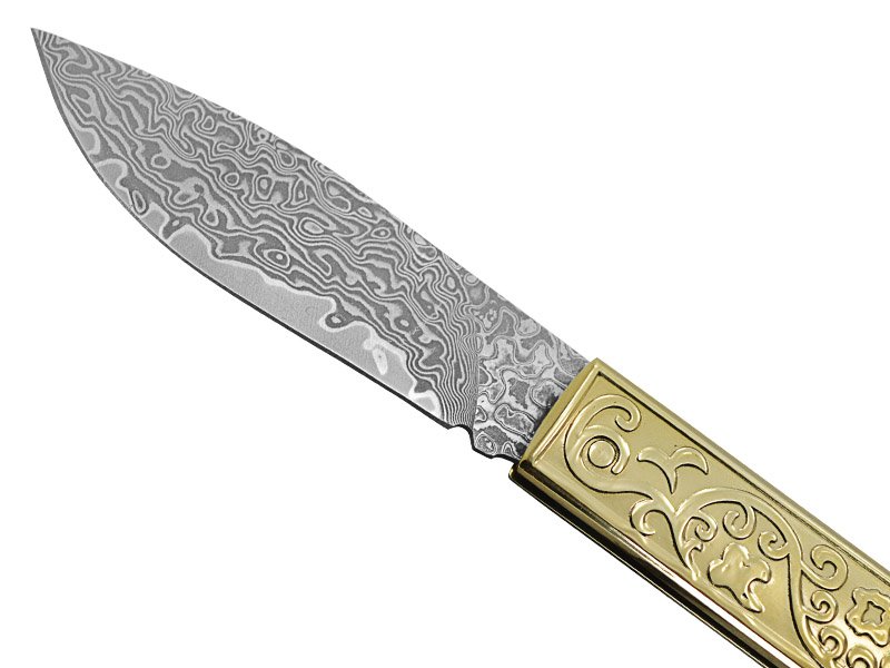 Canivete para colecionador em aço damasco. Empunhadura em bronze, 18 cm