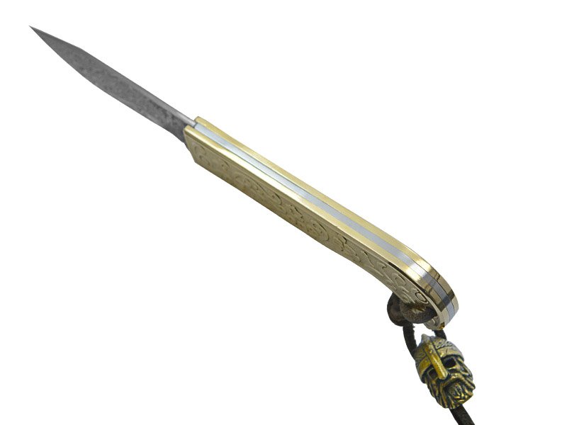 Canivete para colecionador em aço damasco. Empunhadura em bronze, 18 cm