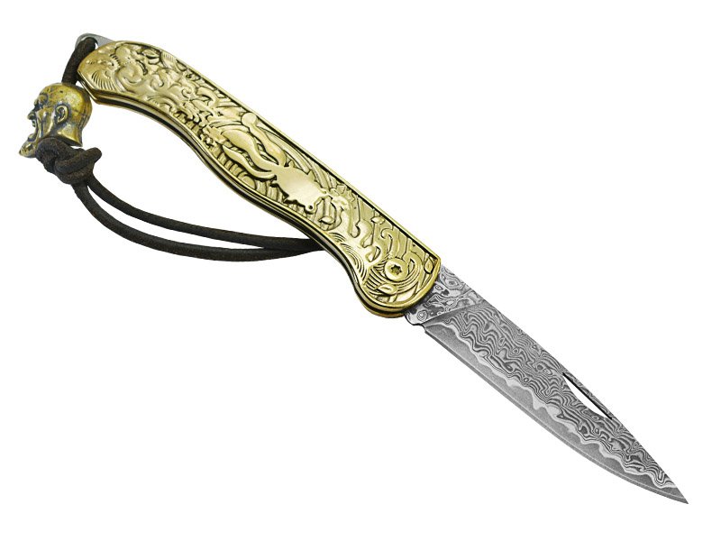 Canivete para colecionador em aço damasco. Empunhadura em bronze, 18 cm