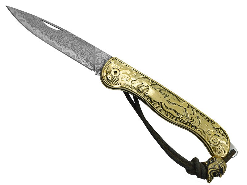 Canivete para colecionador em aço damasco. Empunhadura em bronze, 18 cm