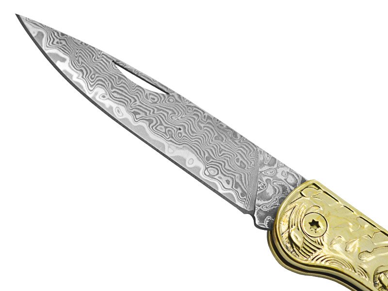 Canivete para colecionador em aço damasco. Empunhadura em bronze, 18 cm