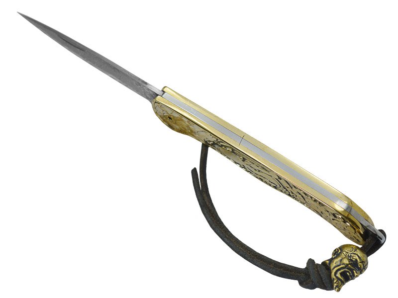 Canivete para colecionador em aço damasco. Empunhadura em bronze, 18 cm