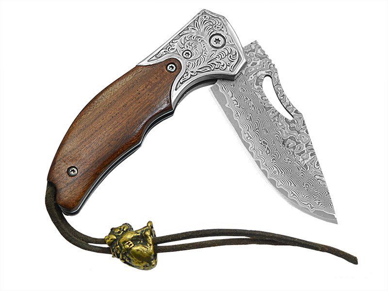 Canivete para colecionador em aço damasco. Empunhadura em cerejeira, 17 cm