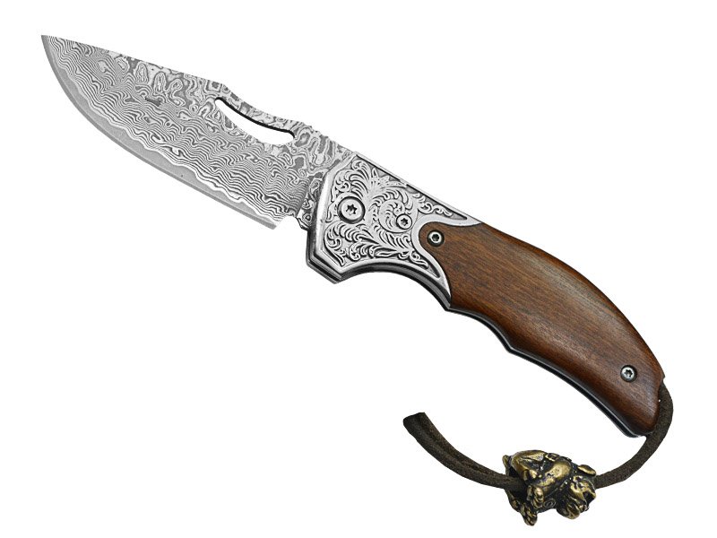 Canivete para colecionador em aço damasco. Empunhadura em cerejeira, 17 cm