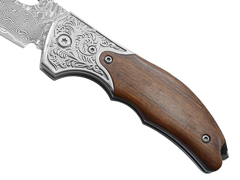 Canivete para colecionador em aço damasco. Empunhadura em cerejeira, 17 cm