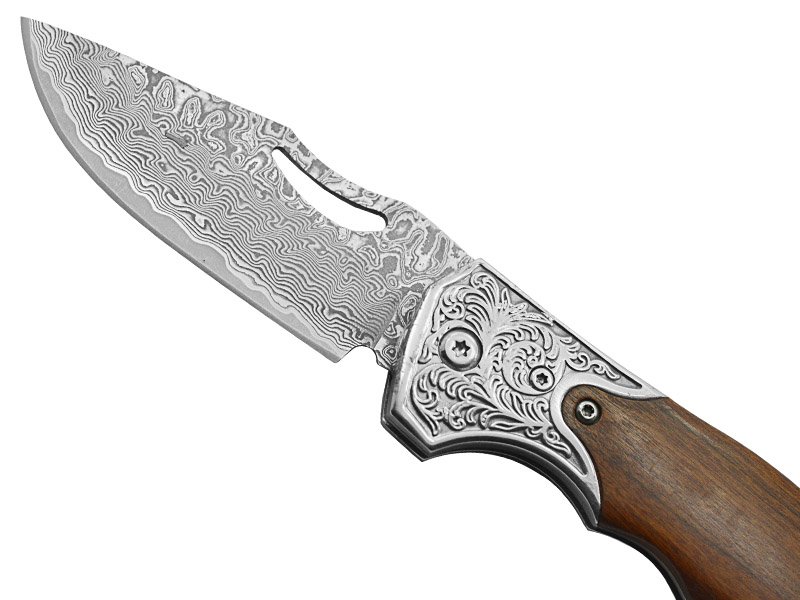 Canivete para colecionador em aço damasco. Empunhadura em cerejeira, 17 cm