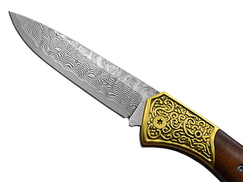 Canivete para colecionador em aço damasco. Empunhadura em madeira de sândalo, 18 cm