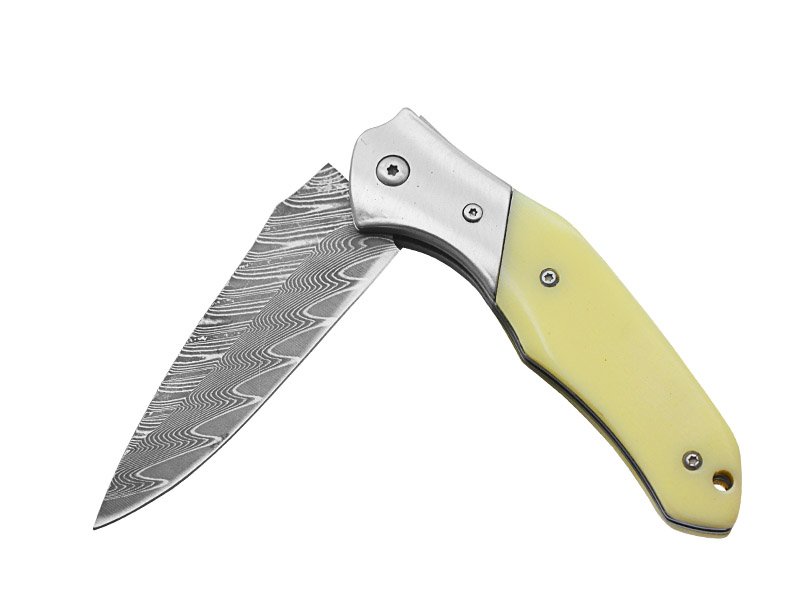 Canivete para colecionador em aço damasco. Empunhadura em osso de búfalo, 19 cm