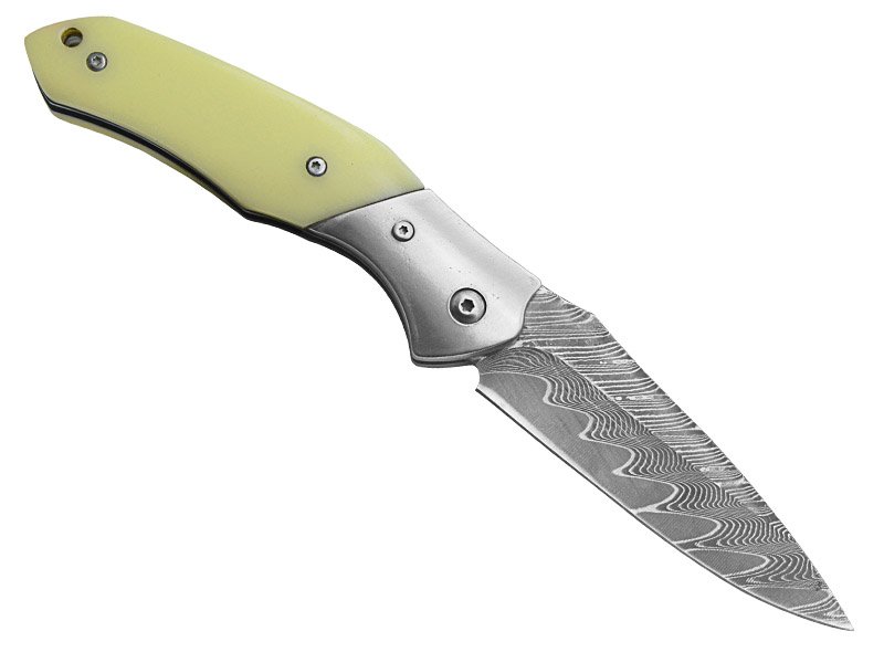 Canivete para colecionador em aço damasco. Empunhadura em osso de búfalo, 19 cm