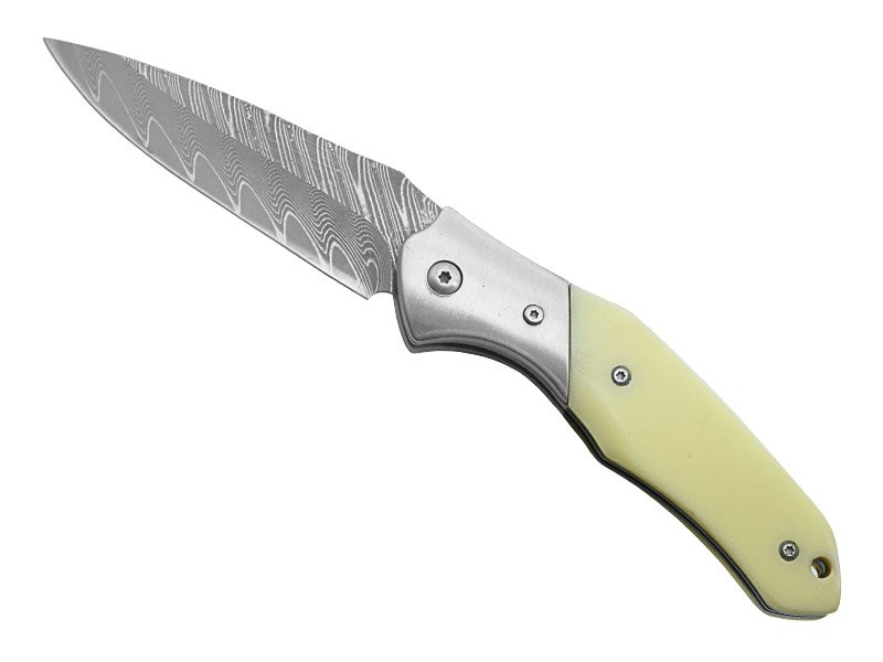 Canivete para colecionador em aço damasco. Empunhadura em osso de búfalo, 19 cm